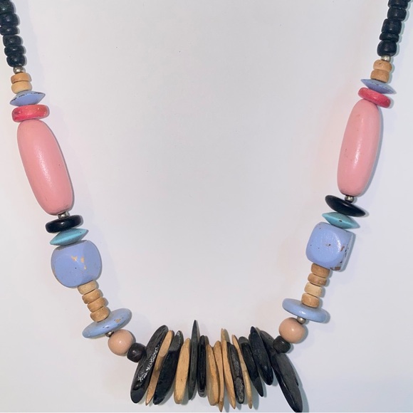 Vintage 80s Wood Bead and Stone Chip Statement Piece Necklace Pastels & Black - Picture 7 of 9